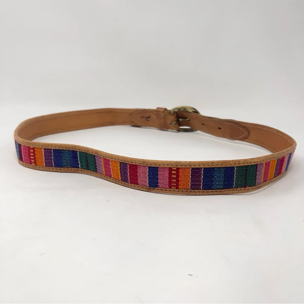 Vintage Guatemalan Leather Belt, Colorful‎ Woven Stripe, Brass Buckle Boho